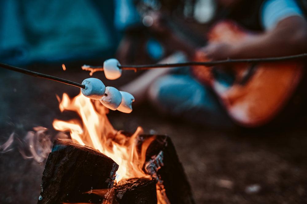 Marshmallows on twigs over a fire