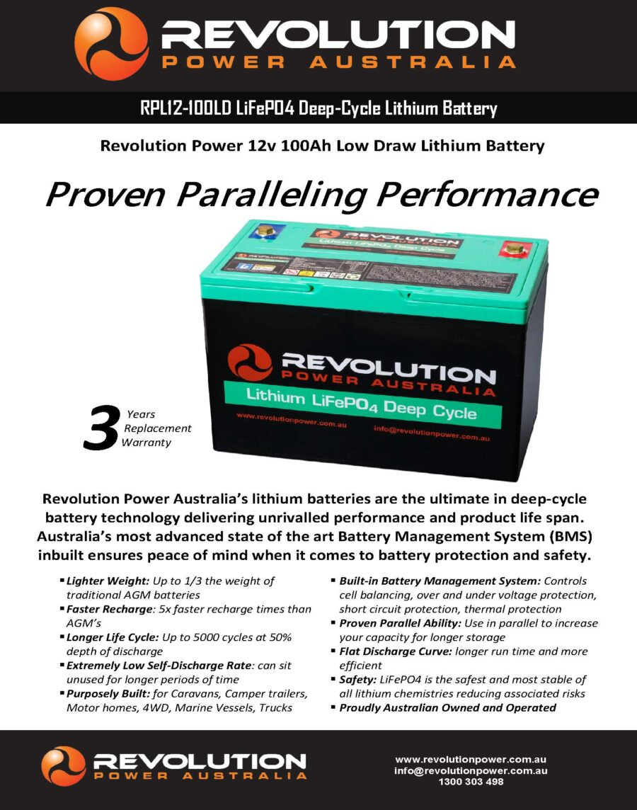 Revolution Power 12v 100Ah Low Draw Lithium Battery (green top)
