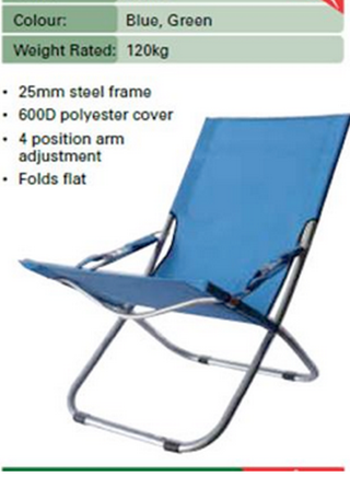 folding chair in blue/green. Folds completely flat and has 4 arm adjustments